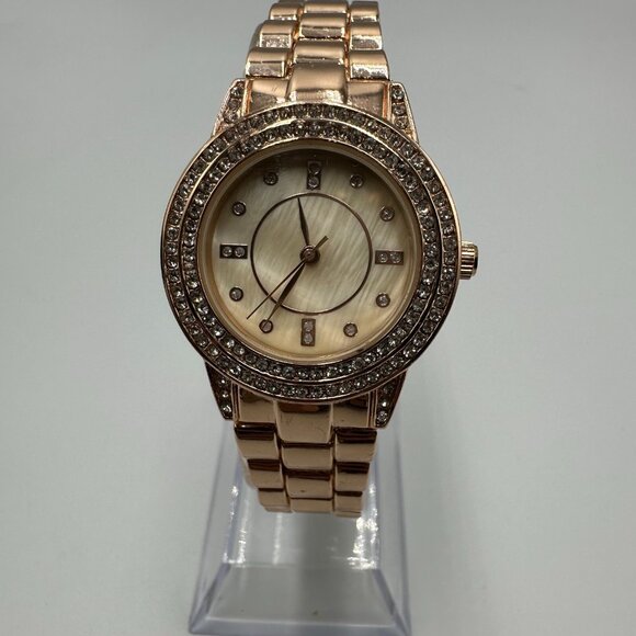 3/$30 Crystal Bezel Watch Women Rose Gold Tone Cream Dial 29MM New Battery 7.75" - Picture 1 of 13